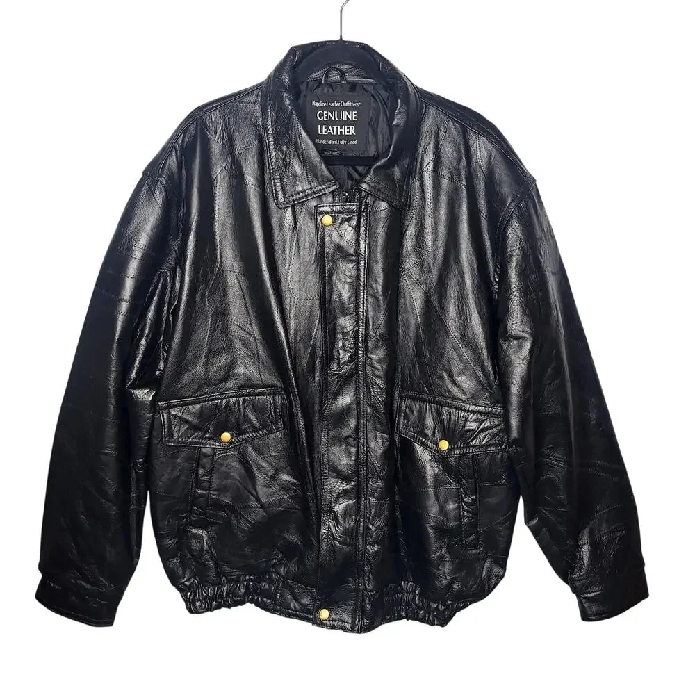 Vintage 90s Men's Leather Bomber Jacket Napoline Outfitters 2X Patchwork Black